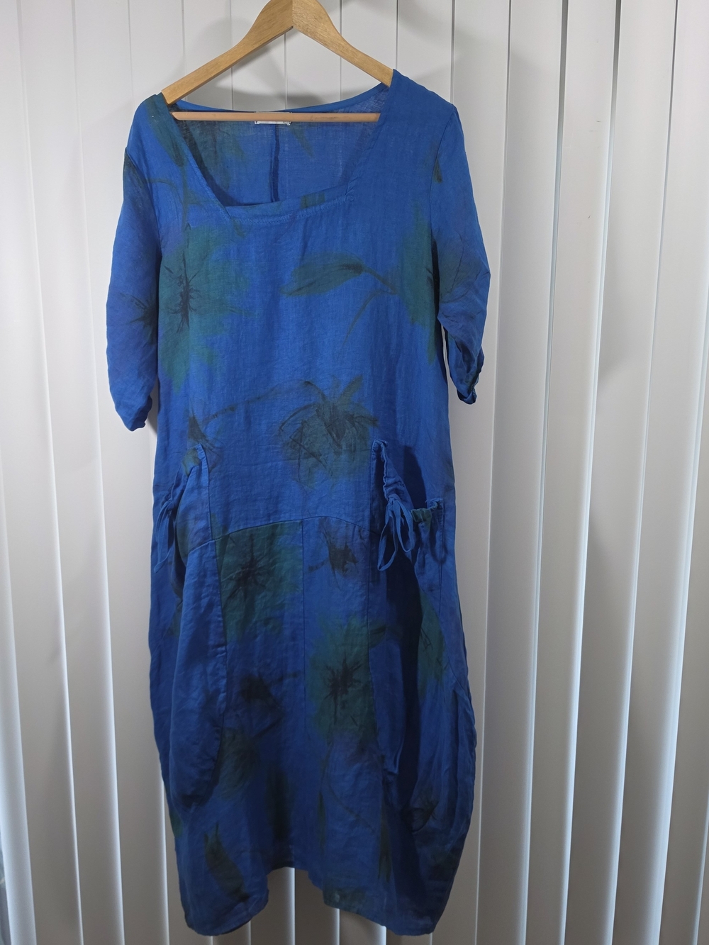 Blue Floral Linen Tunic Dress Lagenlook Osfm - Picture 2 of 9